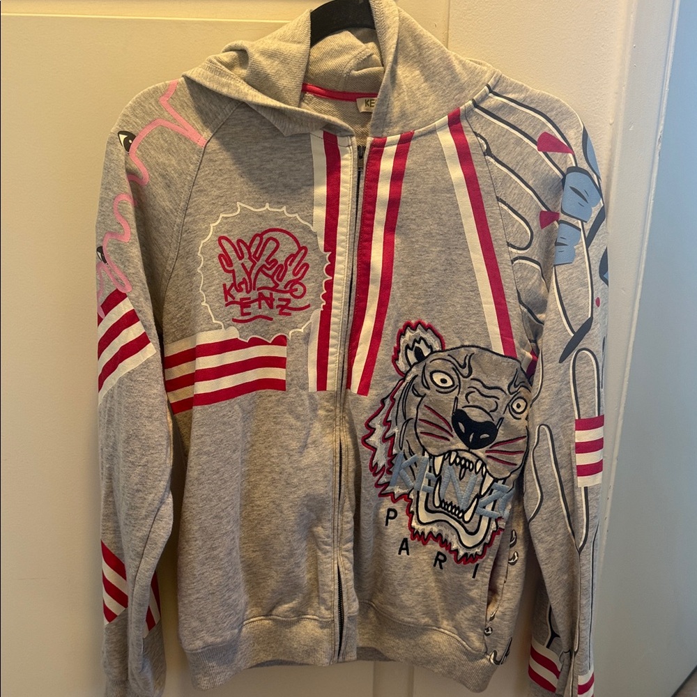 Kenzo Kids Gray Zip-Up hoodie with Tiger and Tiger Design